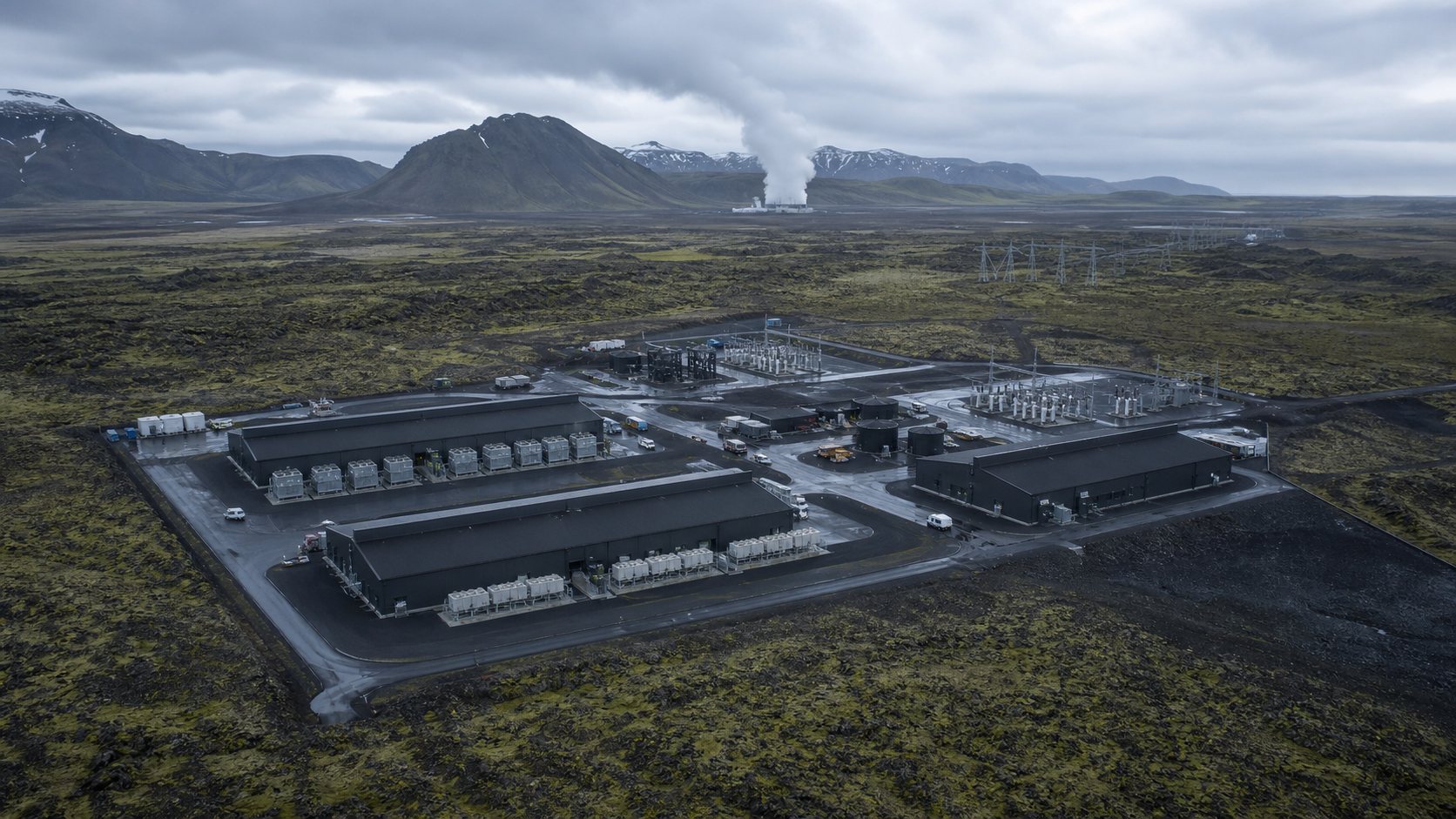 The operating campus on the Icelandic lava field, geothermal plant beyond