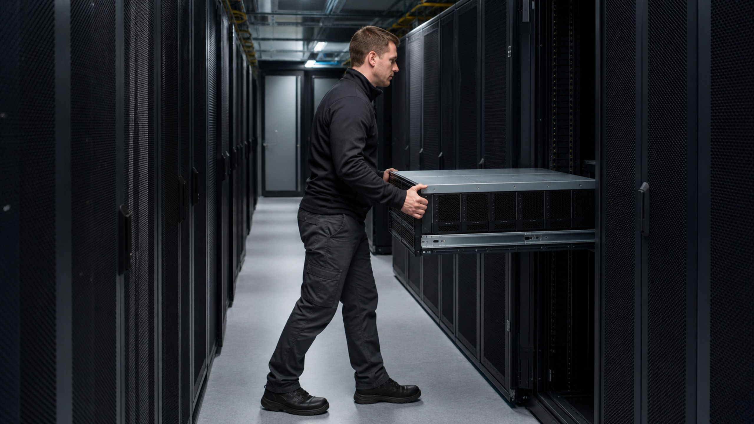 A GPU server being installed into the rack